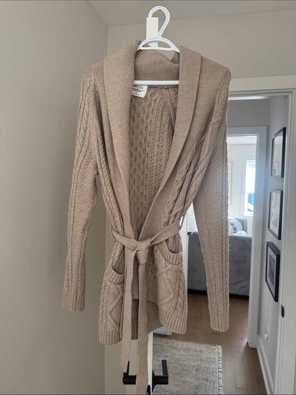 Aritzia Merino Wool Cable Knit Belted Cardigan Sweater - Beige